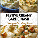 A serving dish filled with creamy garlic mashed potatoes garnished with herbs and roasted garlic cloves.